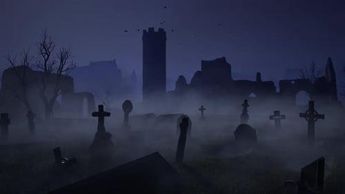 An old abandoned cemetery with empty graves next to ancient ruins. Halloween. 3D rendering.