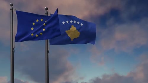 European Union and Kosovo Flags Waving in Wind Loop Animation