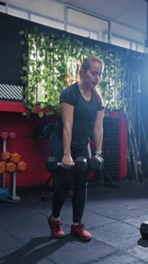 Strong Woman Performing Dumbbell Deadlift in Modern Gym