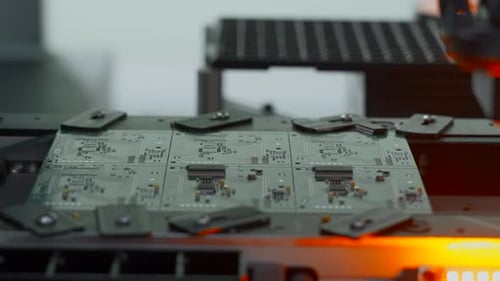 Máquina de recubrimiento para placa de circuito impreso en funcionamiento. Creativo. Primer plano de la robótica automatizada