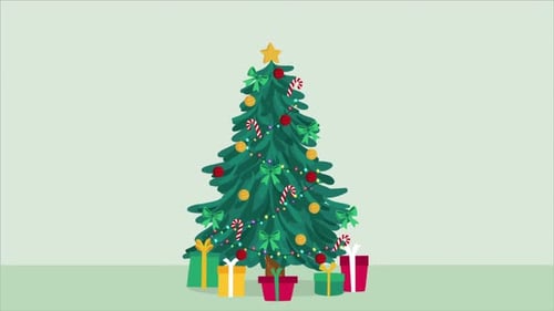 Christmas Tree Decorating Animation with Gifts and Merry Christmas Text