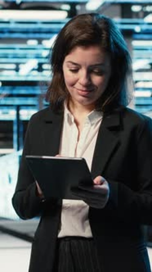 Vertical Video Data Center Technician Using AR Holographic Overlay to Monitor Systems