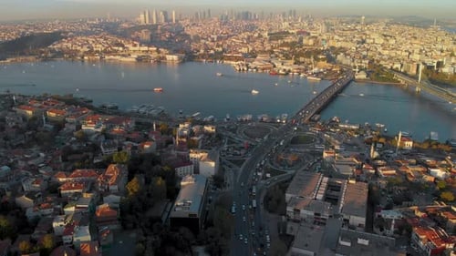 Aerial view of Istanbul city with sunset, Traffic highway Turkey, Galata tower, Tourism season