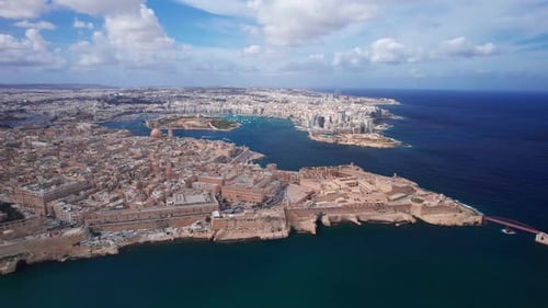 Wide Aerial Pan of Valletta, Malta, and Fort St Elmo National War Museum