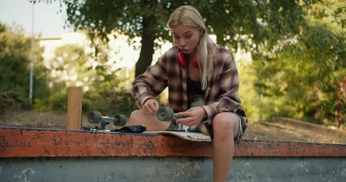 Woman Repairs Skateboard Wheels at Skatepark