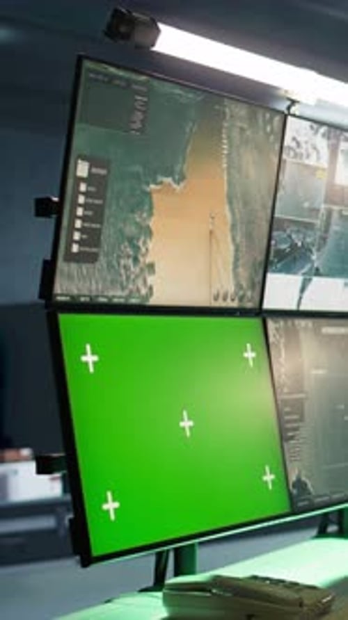 Vertical Video Army Soldier Looking at Chroma Key Screens in Command Center