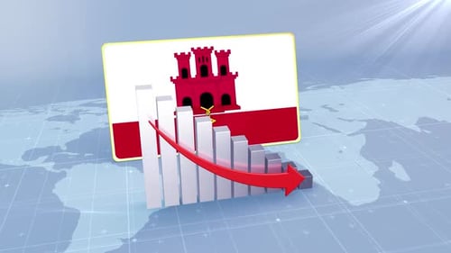Flagge und Balkendiagramm von Gibraltar mit sinkenden Werten, Konzept der Wirtschaftskrise