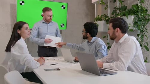 Office Conference Meeting with Green Chroma Key Screen Male CEO Leader Talk to Diverse Multiracial