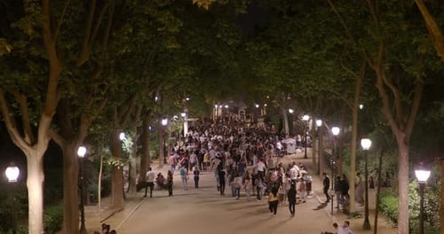 Crowd of People Walking Along Lit Pathway at Night