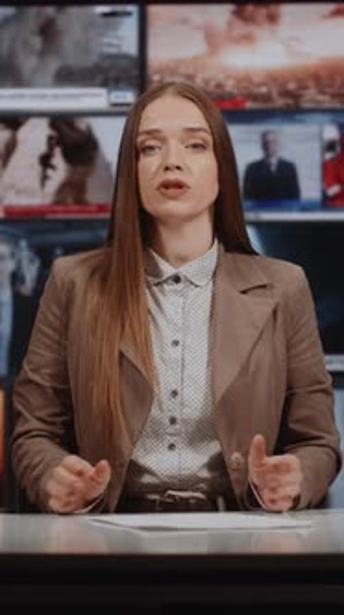 TV Broadcaster Speaks to Camera in Advanced Studio Filled With Live News Screens