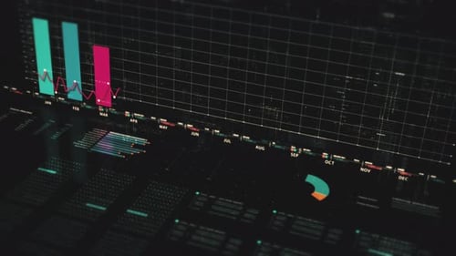 Futuristic Digital Data Dashboard with Animated Bar and Line Graphs