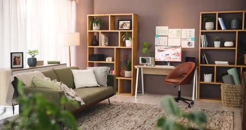 Vacío, habitación y muebles en casa, oficina, plantas y elegante diseño interior de apartamento y decoración