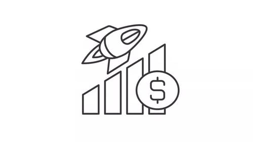 Minimalist Rocket Launch with Growing Bar Graph and Dollar Sign