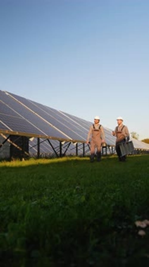 Workers Walk Through Solar Station After Installation