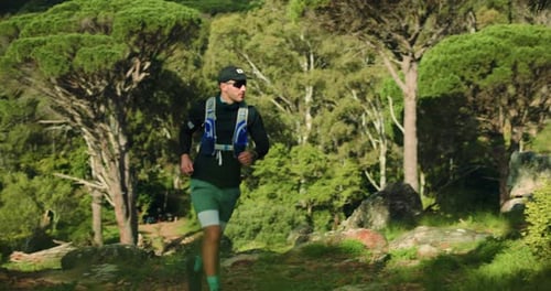 Man, trail running and fitness in forest for workout, nature and outdoor for routine in summer