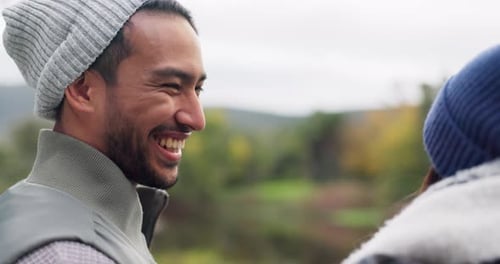 Smiling Man Talking With Friend in Nature