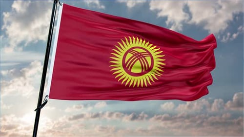 Realistic Waving Flag of Kyrgyzstan Against Blue Sky