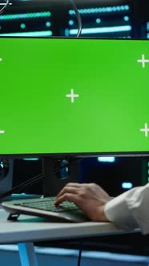 Vertical Video Zoom in of Expert in Data Center Using Artificial Intelligence on Mockup PC