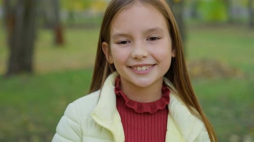 Close Up Portrait in Park Autumn Alone One Beautiful Adorable Adopted Cute Teen Schoolgirl Smiling