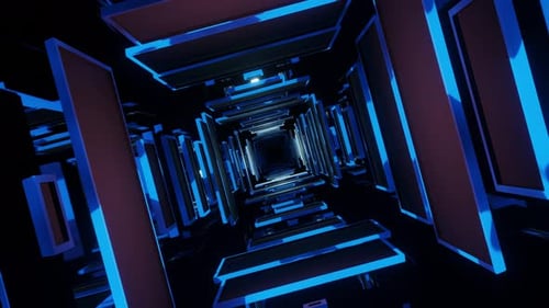 Sehr langer blauer schmaler Raum mit sehr hellem Licht. Animation in einer Schleife
