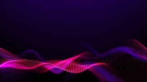 Bright pink wave on a dark background. Purple smoke. Fluorescent red blue smooth motion of particles