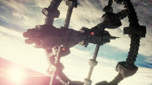 Futuristic 3D Space Station Orbiting Planet Animation