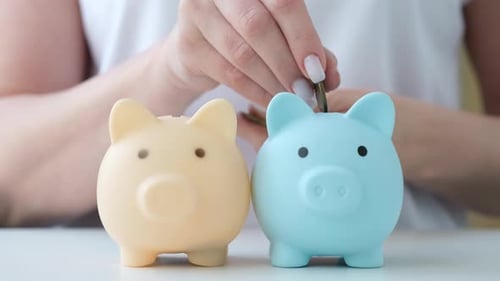 Woman Throws Coins Into Two Piggy Banks in Turn Investments Diversity Concept