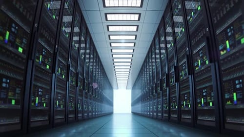Flying Through a Futuristic Data Center Server Corridor