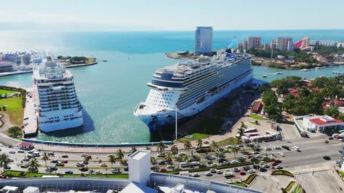 Two Huge Cruise Ships In Puerto Vallarta Tourist Zone, Mexico