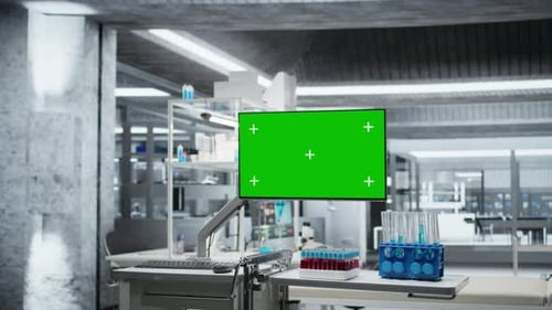 Chroma Key Monitor in Empty Research Lab Ready for Scientists to Begin Testing