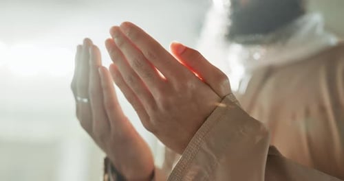Mosque, prayer and hands of Islamic man with dua, mindfulness and gratitude in faith