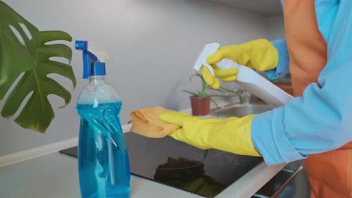 The path to cleanliness: woman cleans the stove, preparing her home for a major cleaning event. Clea