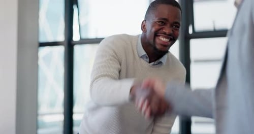 Businessman, black man or handshake in office with welcome, collaboration or meeting for deal