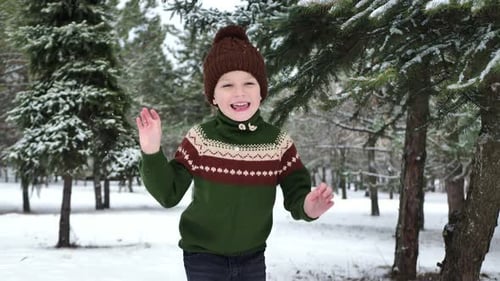 Boy in a Handmade Knitted Sweater and a Hat in Winter in a Snowy Forest Dances During a Snowfall