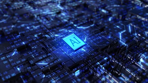 Artificial Intelligence in the Circuit. 3D Binary Code on a High-Tech Motherboard.