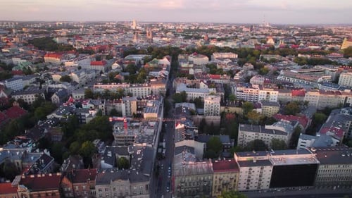 Krakow downtown district and old town at sunrise, Poland, Aerial View