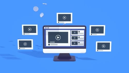 Computer Monitor Showing Videos with Coins Flying Upward for Revenue Growth.