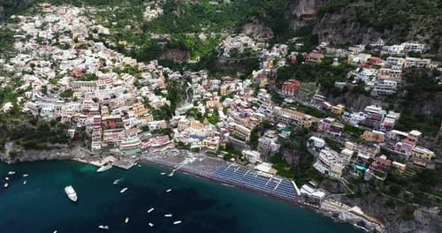 Aerial Pullback Reveals Incredible Amalfi Coast in Southern Italy overlooking the Tyrrhenian Sea
