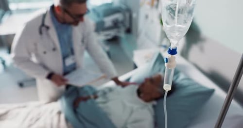 IV drip, healthcare and medicine with doctor and patient in hospital, treatment