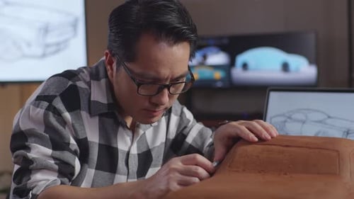 Asian Man Automotive Designer Looking At A Laptop And Using Rake Or Wire To Smooth Out Car Clay