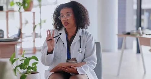 Woman, doctor consulting patient and checklist with conversation, advice and helping hand in clinic