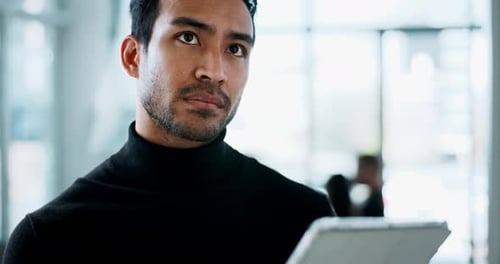 Business, man and thinking in office with tablet for company proposal evaluation