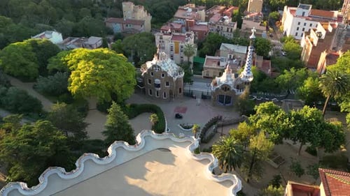 Aerial view of Park Guell by Antonio Gaudi at sunrise in Barcelona, Catalonia, Spain