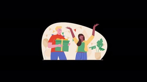 Flat Design Birthday Celebration Animation with Characters and Gift