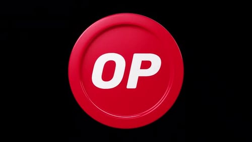 Optimismus OP-Münze, 3D-Drehung, 360 Grad, schwarz, großer Kryptowährungs-Token, nahtlose Schleife