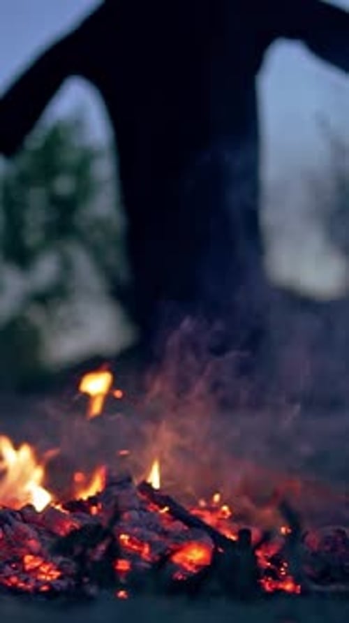 Embers of fire and scary witch outdoors. Death in black costume goes away from fire.