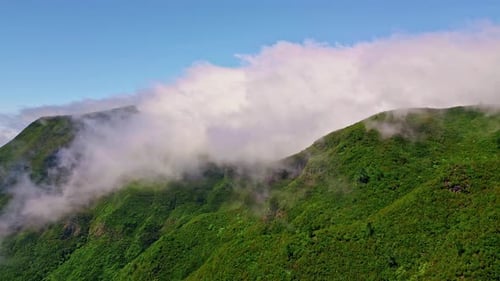 Low Clouds Green Mountains and Valleys Covered Dense Forest Greenery Aerial View