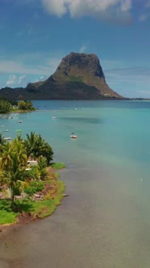 Close Up Fly Over Palm Trees and Beautiful Beach Lagoon Paradise Island in Mauritius Landscape View