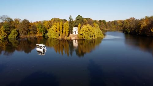 Lake White Boat Tree Yellow Leave Architecture Blue Sky Park Autumn Sunny Aerial