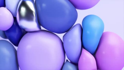 Die blauen, lila und metallischen Kugeln kollidieren und ändern ihre Form